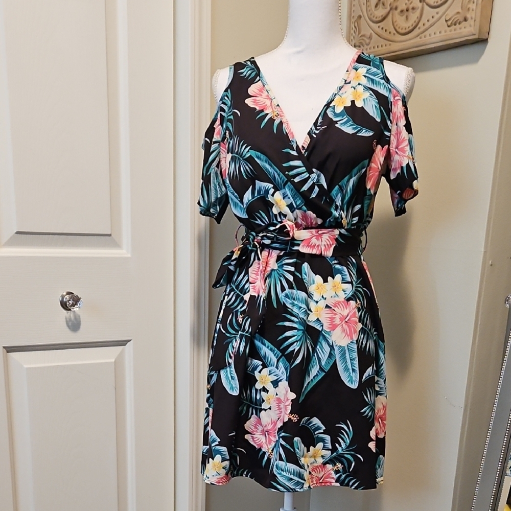 Floral Wrap Dress - Black with Pink and Yellow Accents